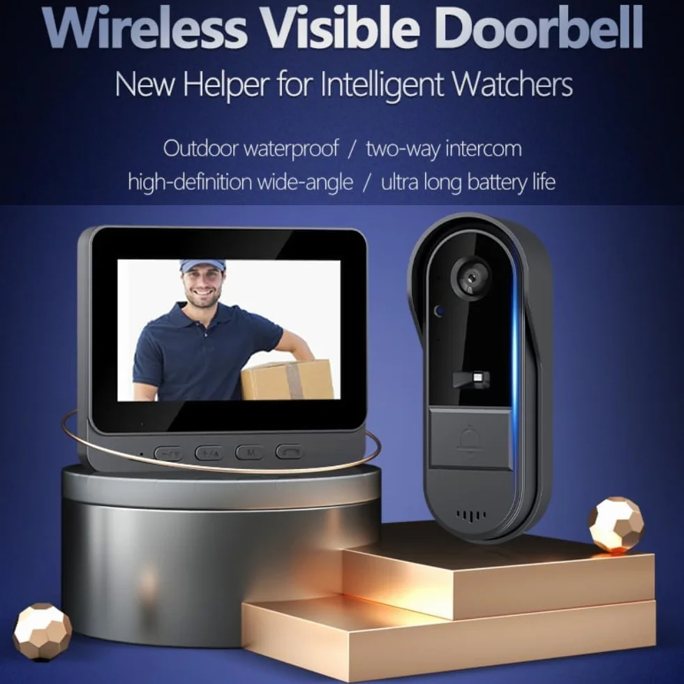 Sonnette sans Fil avec Caméra 1080P Interphone Vidéo Extérieur Étanche Visiophone Écran IPS 4.3 Pouces Bluetooth Audio Bidirectionnel Vision Nocturne sans Abonnement WiFi