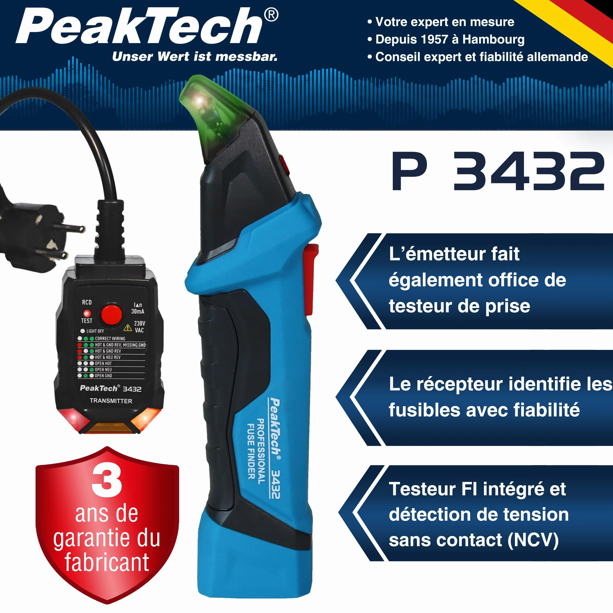 PeakTech 3432 Détecteur de fusibles circuit électrique testeur de prise 230 V Schuko NCV Testeur de tension Bleu