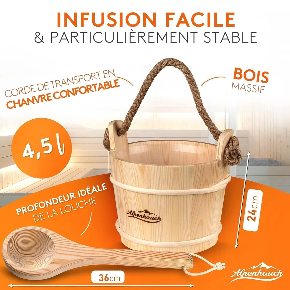 ALPENHAUCH Seau de sauna bois naturel avec cuillère, sablier, thermomètre – Set de seaux à verser