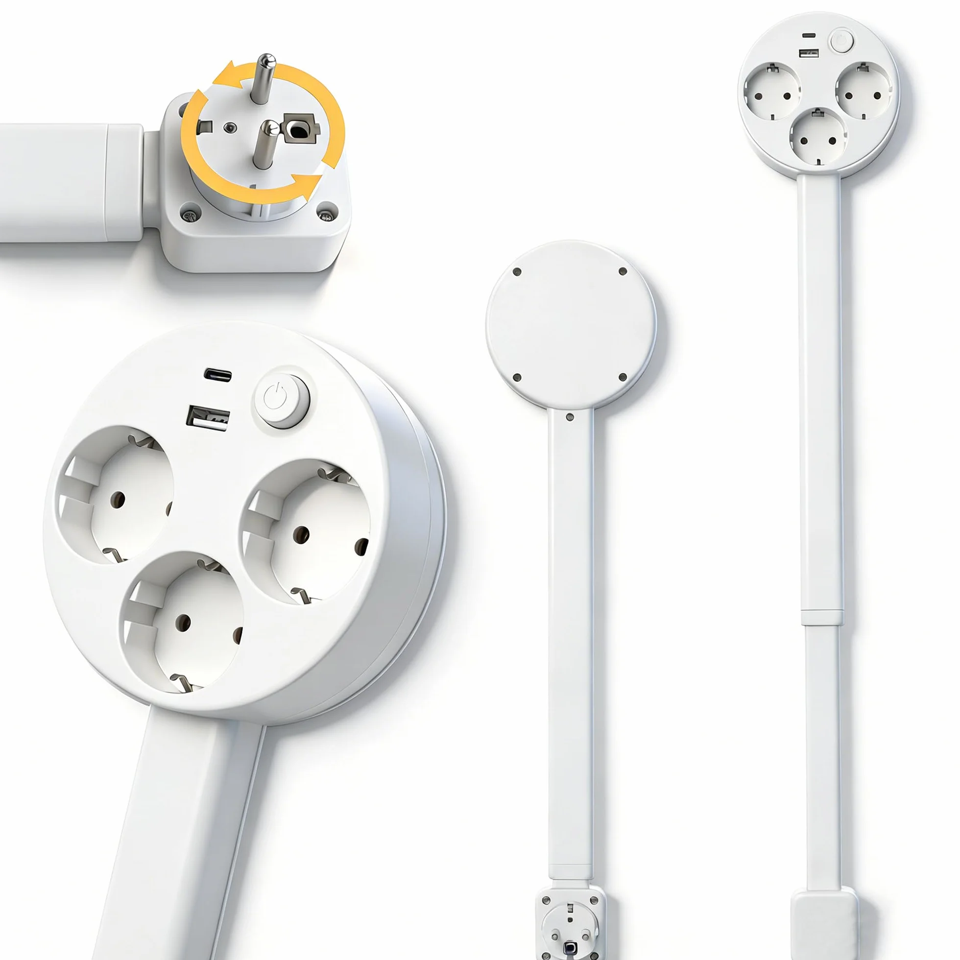 Multiprise Extensible et Pivotante 3 Prises USB-A Type-C 5V/2.1A Tige Réglable 47-67 cm Rotation 360°