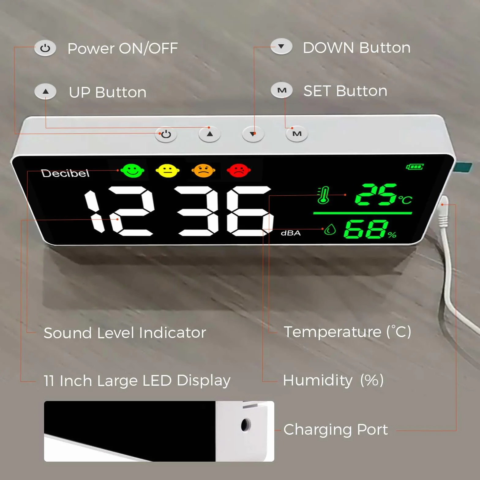 Sonomètre Professionnel 30~130dB 11" LCD Décibelmètre avec Alarme et Câble USB