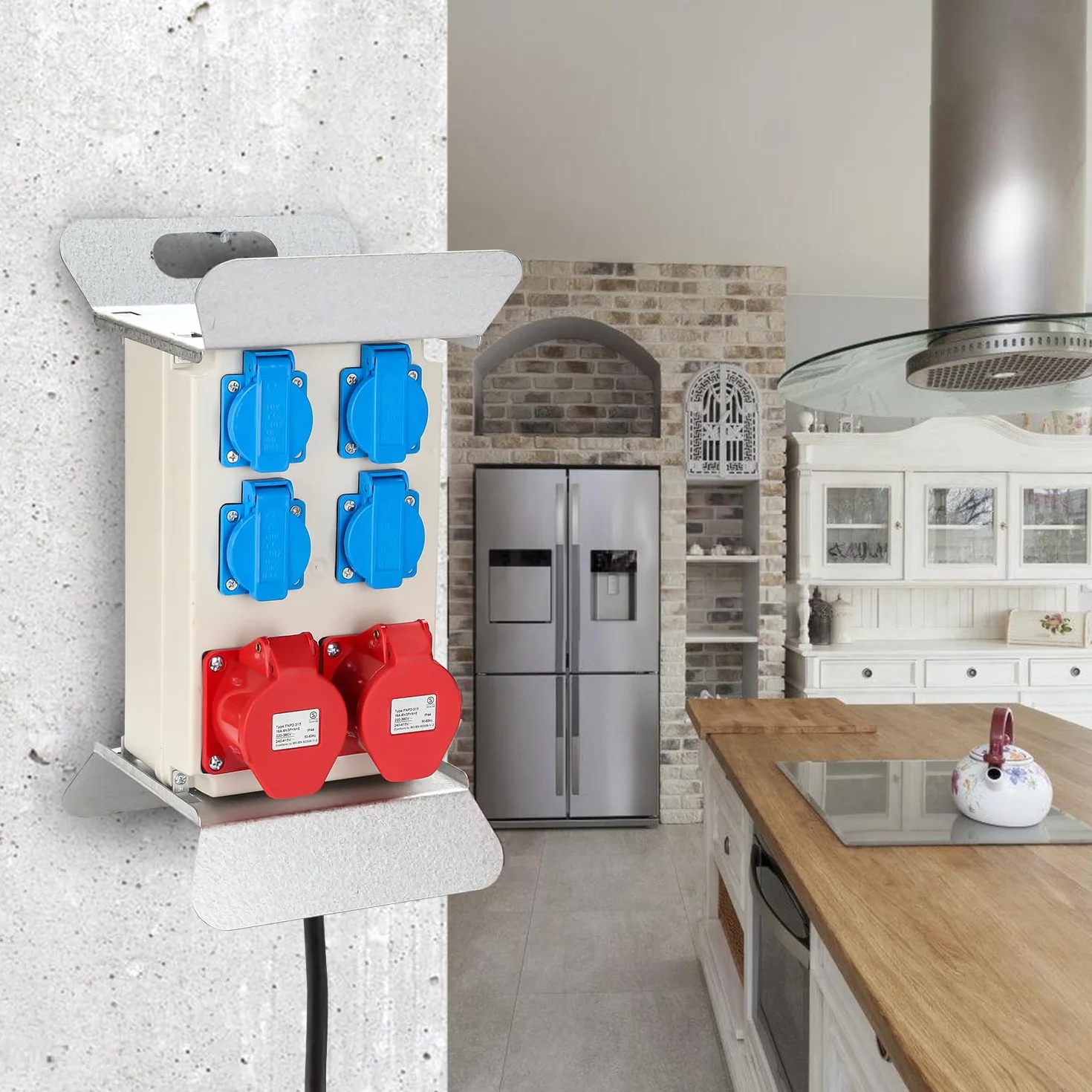 Herrselsam Distributeur de Courant CEE 16A 400V 4x 230V Schuko IP44 5 Pôles 2,5m Câble Chantier