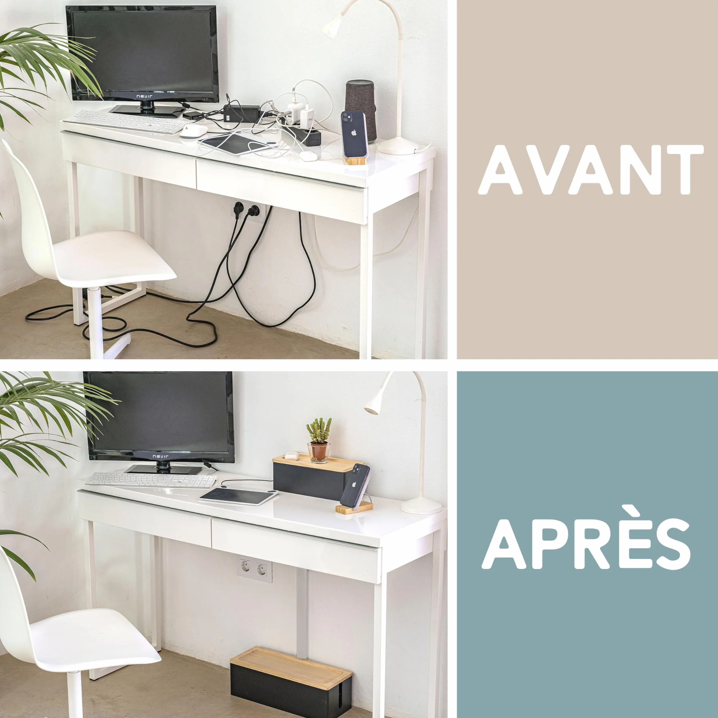 Lot de 2 Boîte de Rangement de Câbles en Bois Rustique pour Bureau TV Ordinateur USB Blanc