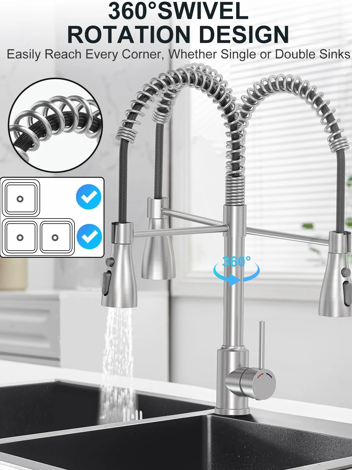 Robinet Cuisine Acier Inoxydable, Mitigeur avec Douchette, Bec Pivotant 360°, 4 Modes, Arc Élevé