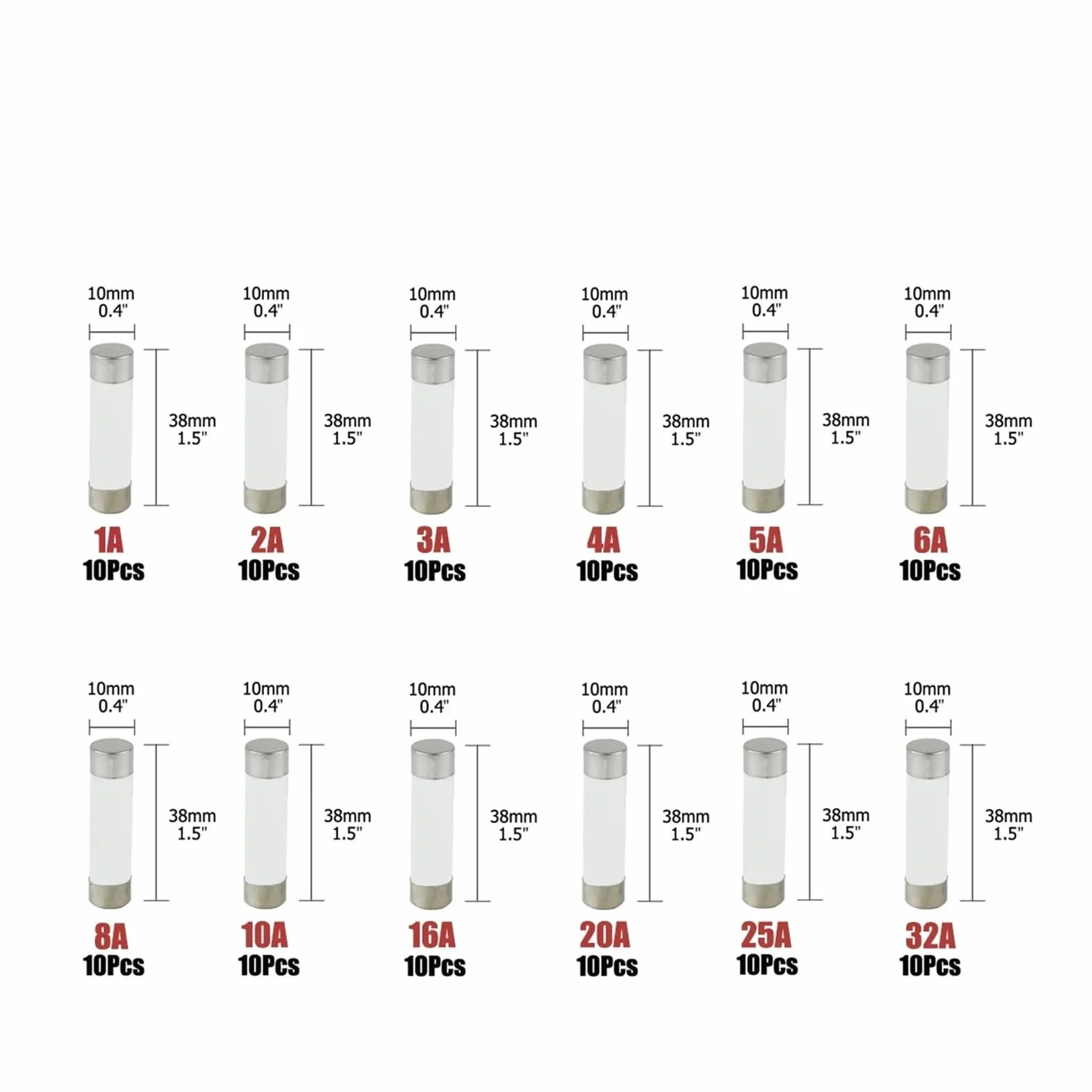 Kit de fusibles en céramique 120 pièces, 12 valeurs, 10 x 38 mm, 500 V, 1-32 A, avec boîte en plastique