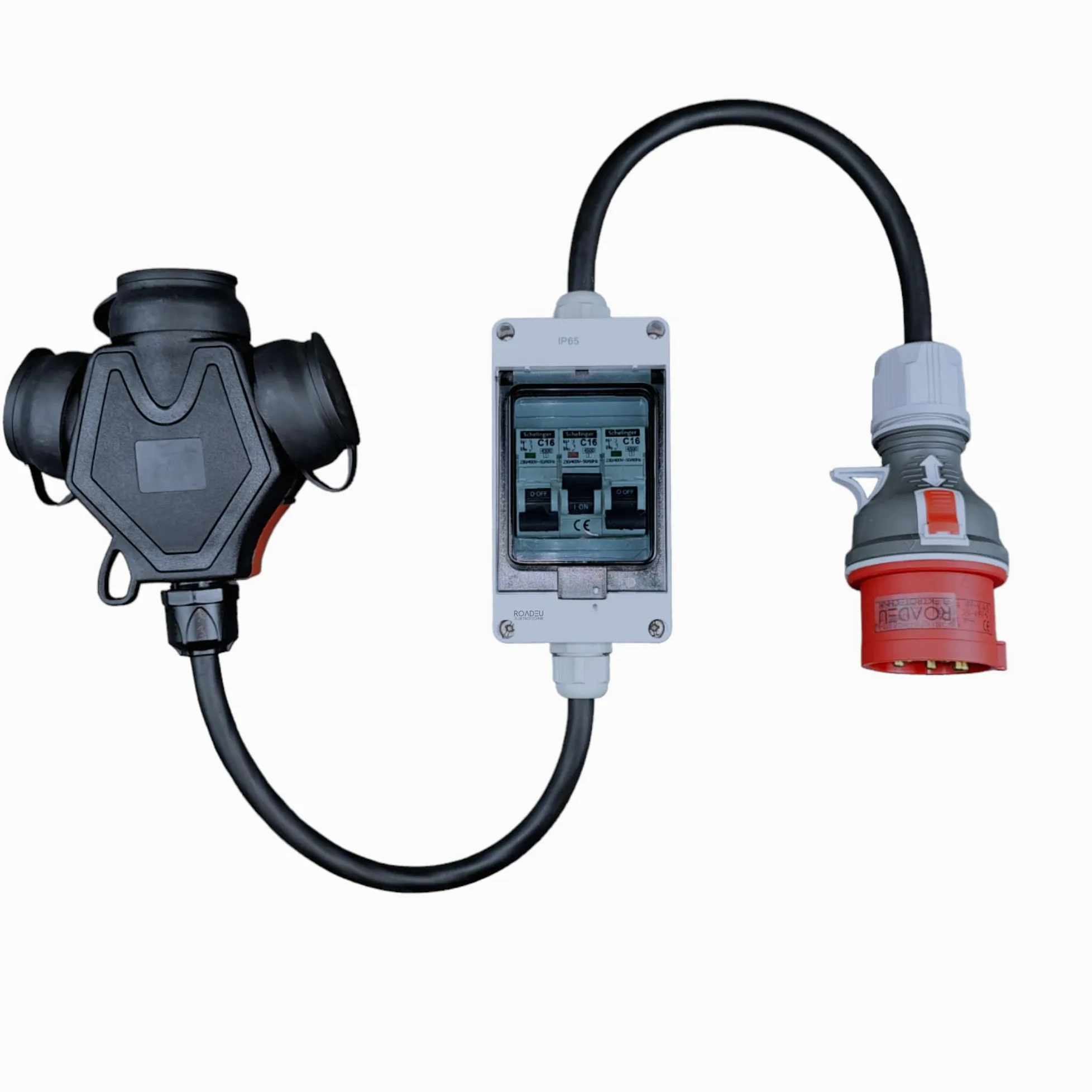 Adaptateur CEE 32A 5P vers Triple Prise 230V 2P+E Coffret IP44 3 Disjoncteurs C16 Câble Caoutchouc 1 m