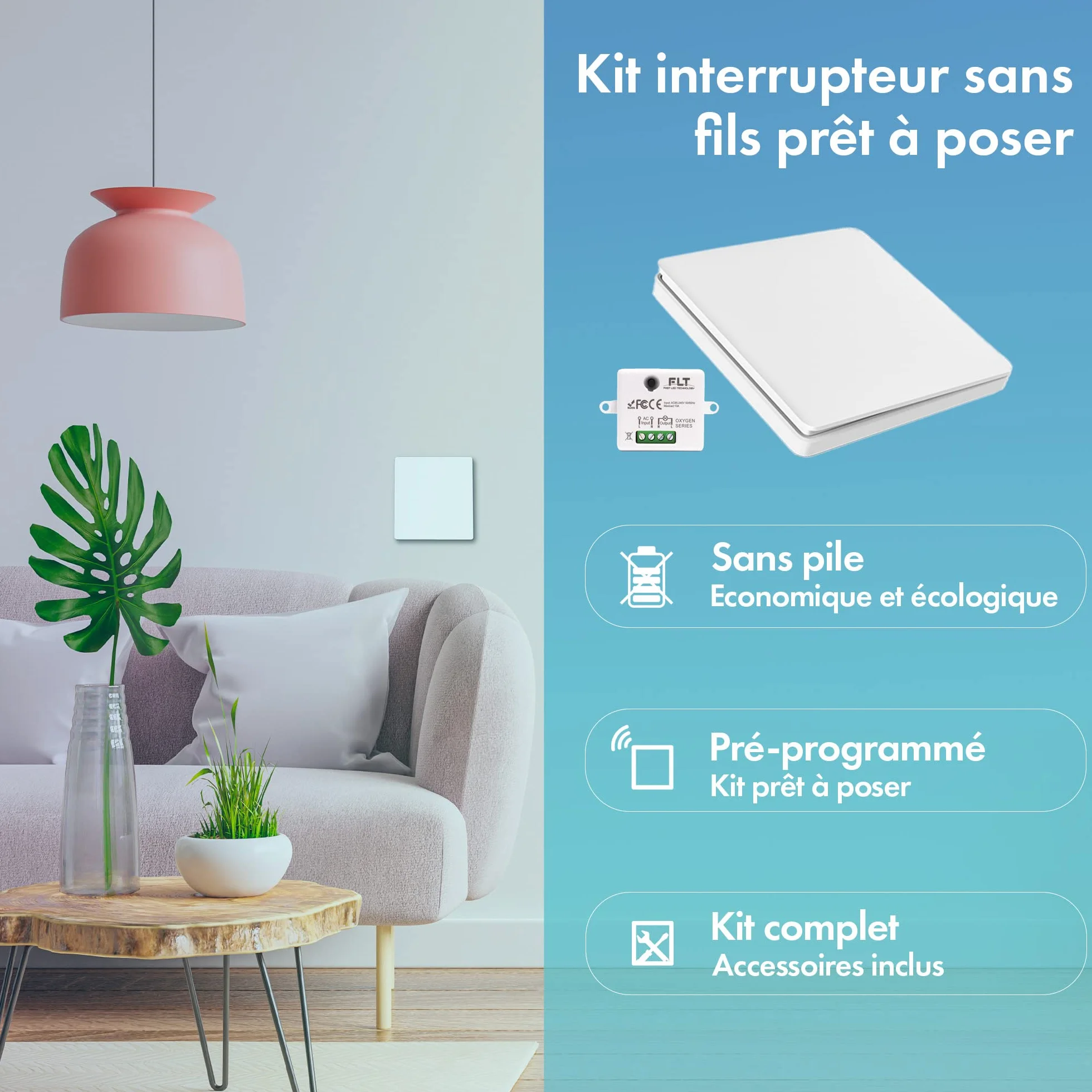Interrupteur sans fil auto-alimenté RF 2 télécommandes double allumage + relais radio encastrable IP64