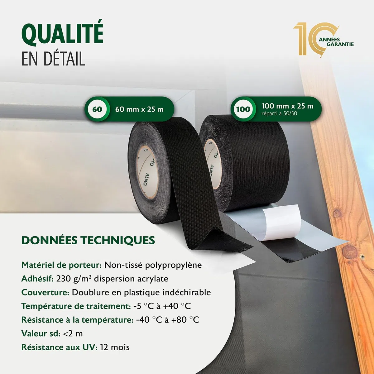 ALMO Bande adhésif façade 60mm x 25m résistant UV ruban diffusion sous-toiture paquet 2