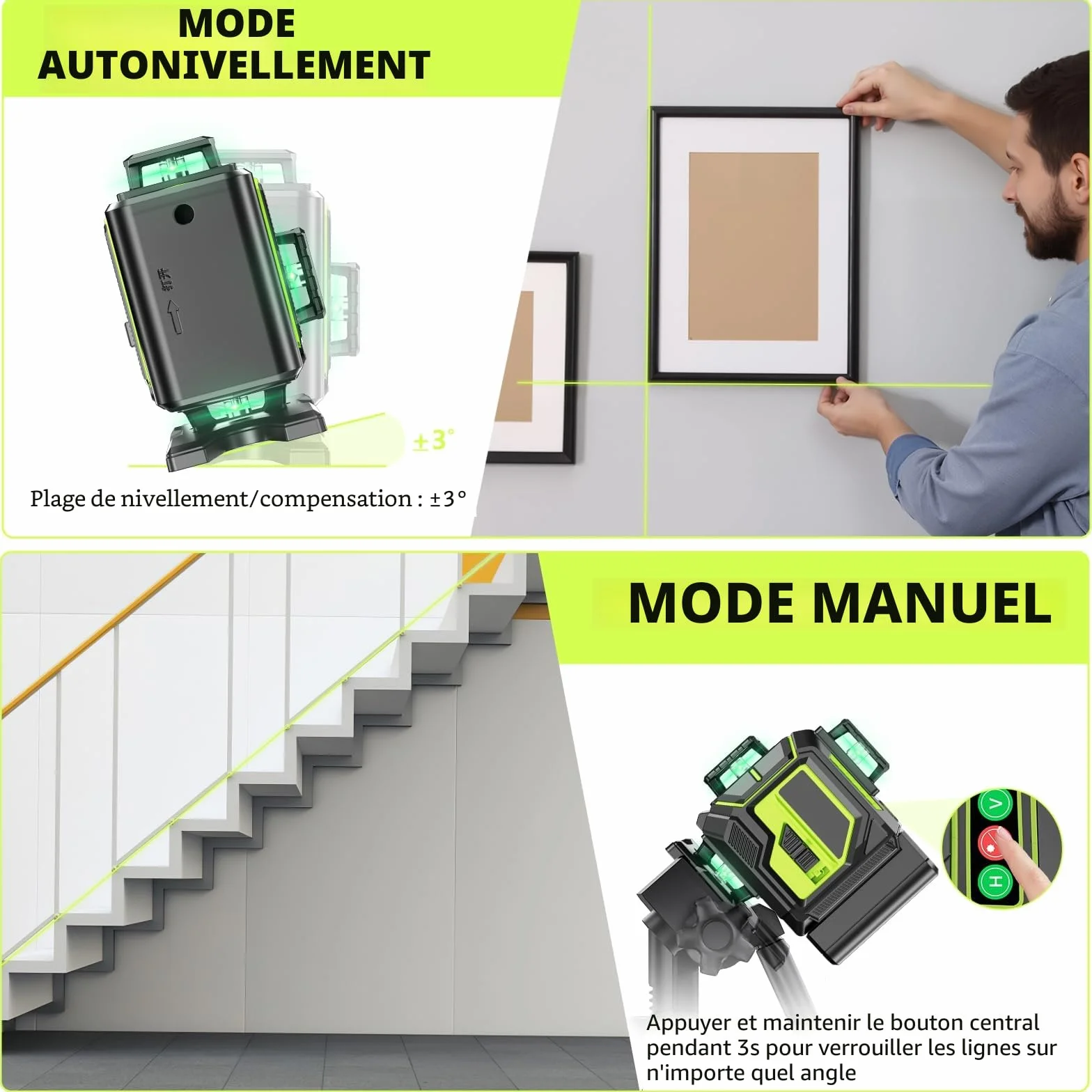 Niveau Laser Chantier Autonivelant 360° 4D 16 Lignes avec Trépied, Batterie et Télécommande