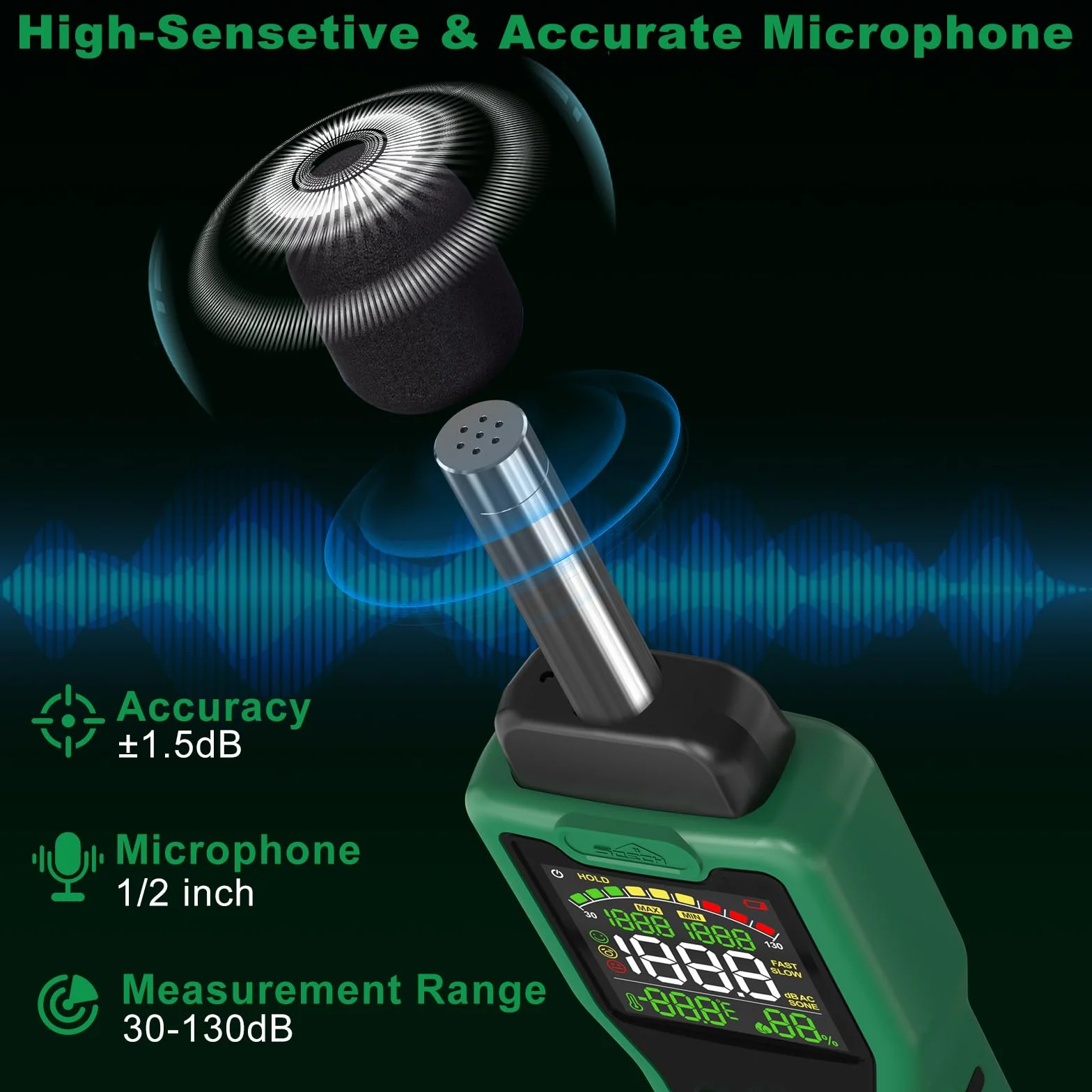 Sonomètre SQECH 30–130dB avec Mesure de Température et Humidité, Écran Rétroéclairé Couleur, Pondération A/C