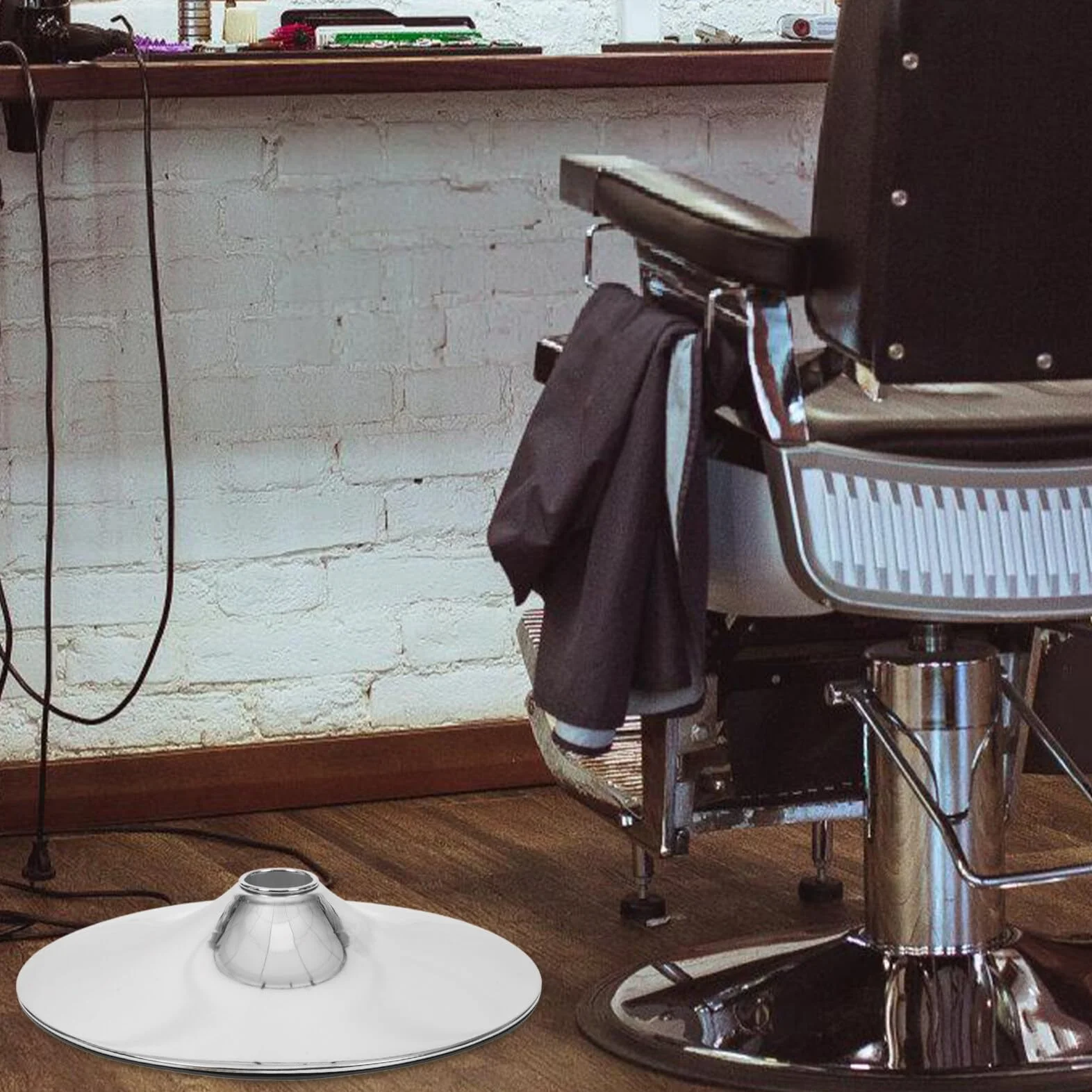 Socle Pivotant Fauteuil Salon Barbier Acier Inoxydable Robuste Argenté Accessoire Coiffure
