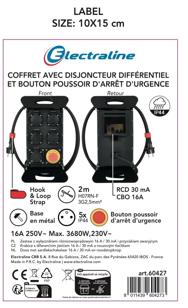 Electraline Coffret de Chantier 16A 5 Prises Françaises IP44 avec Disjoncteur Différentiel 30mA