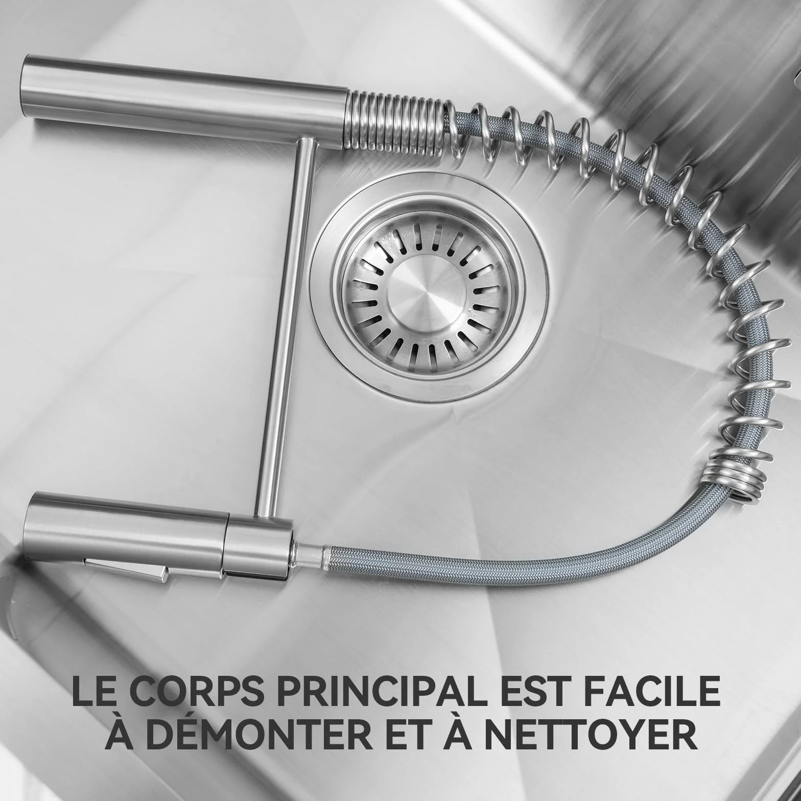 CECIPA Robinet Cuisine Mitigeur Avec Douchette Extractible, Acier Inoxydable Brossé, Arc Élevé Rotatif 360°