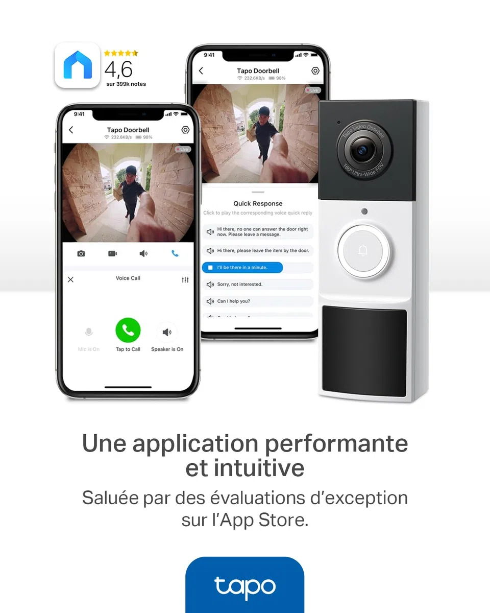 Tapo D210 Sonnette sans Fil avec caméra Extérieur 2K 3MP IP65 étanche Ultra Grand Angle 160° Vision Nocturne en Couleur Détection Humaine AI Audio Bidirectionnel