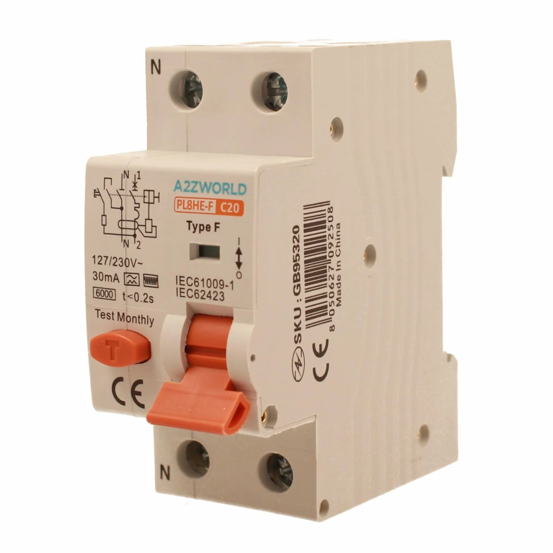 Interrupteur Différentiel Magnétothermique Type F 20A C20 RCBO 6kA 30mA 1P+N 2 Modules DIN