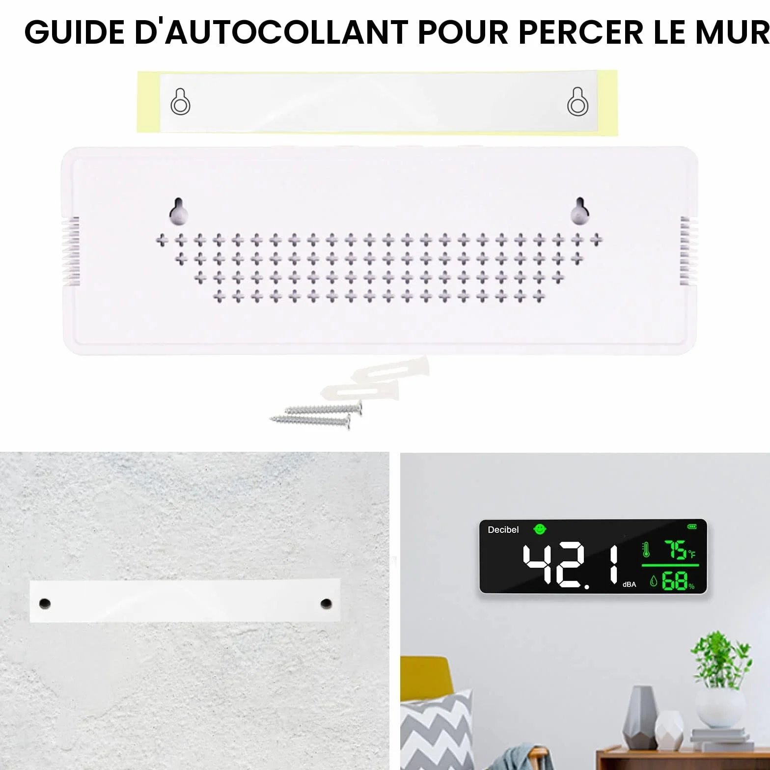 Sonomètre mural 27,9 cm écran LED bruit température humidité indicateur alarme