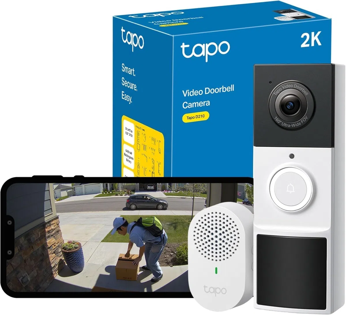 Tapo D210 Sonnette sans Fil avec caméra Extérieur 2K 3MP IP65 étanche Ultra Grand Angle 160° Vision Nocturne en Couleur Détection Humaine AI Audio Bidirectionnel