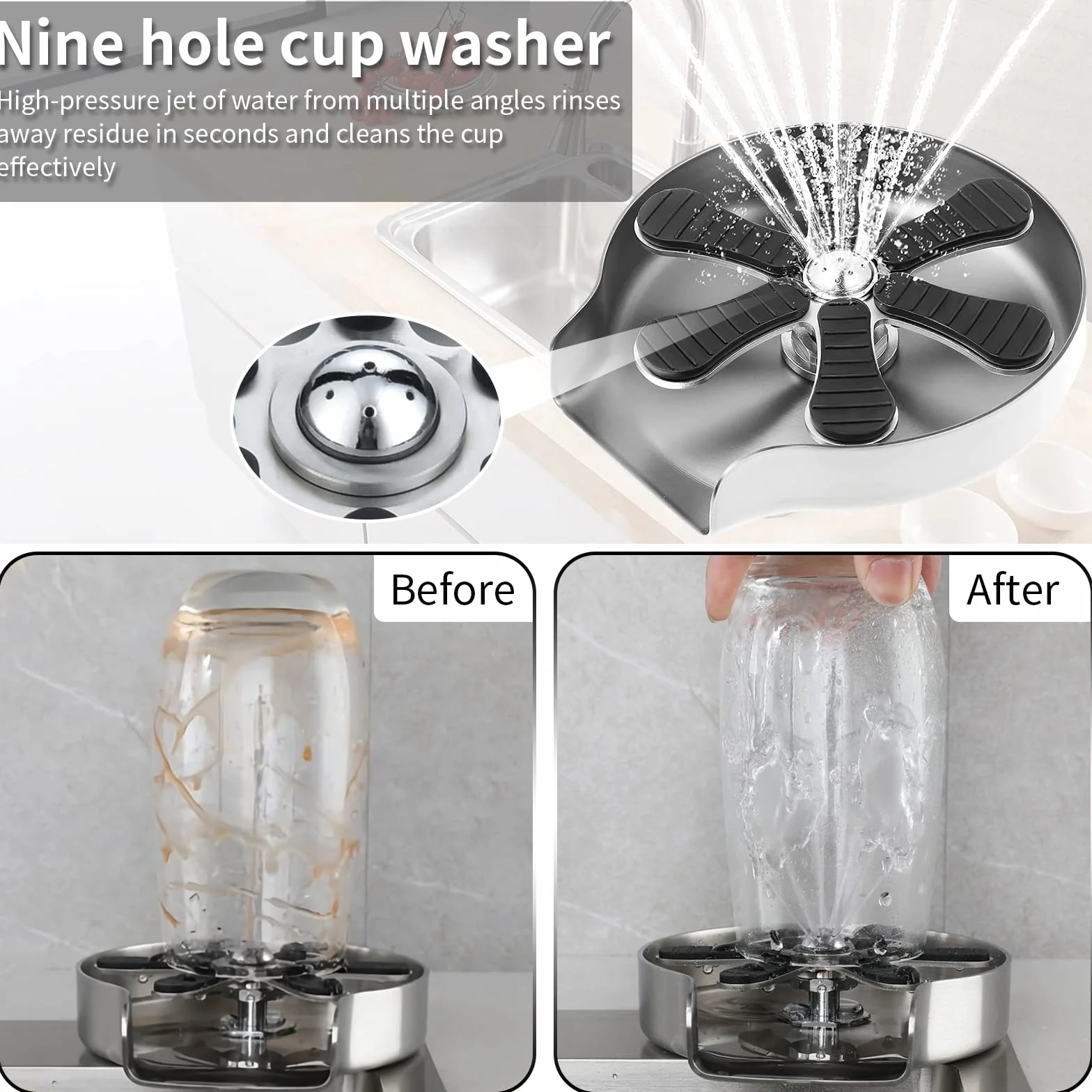 Rince Verre Evier Acier Inoxydable pour Cuisine, Nettoyeur Verres Bouteilles Tasses Café