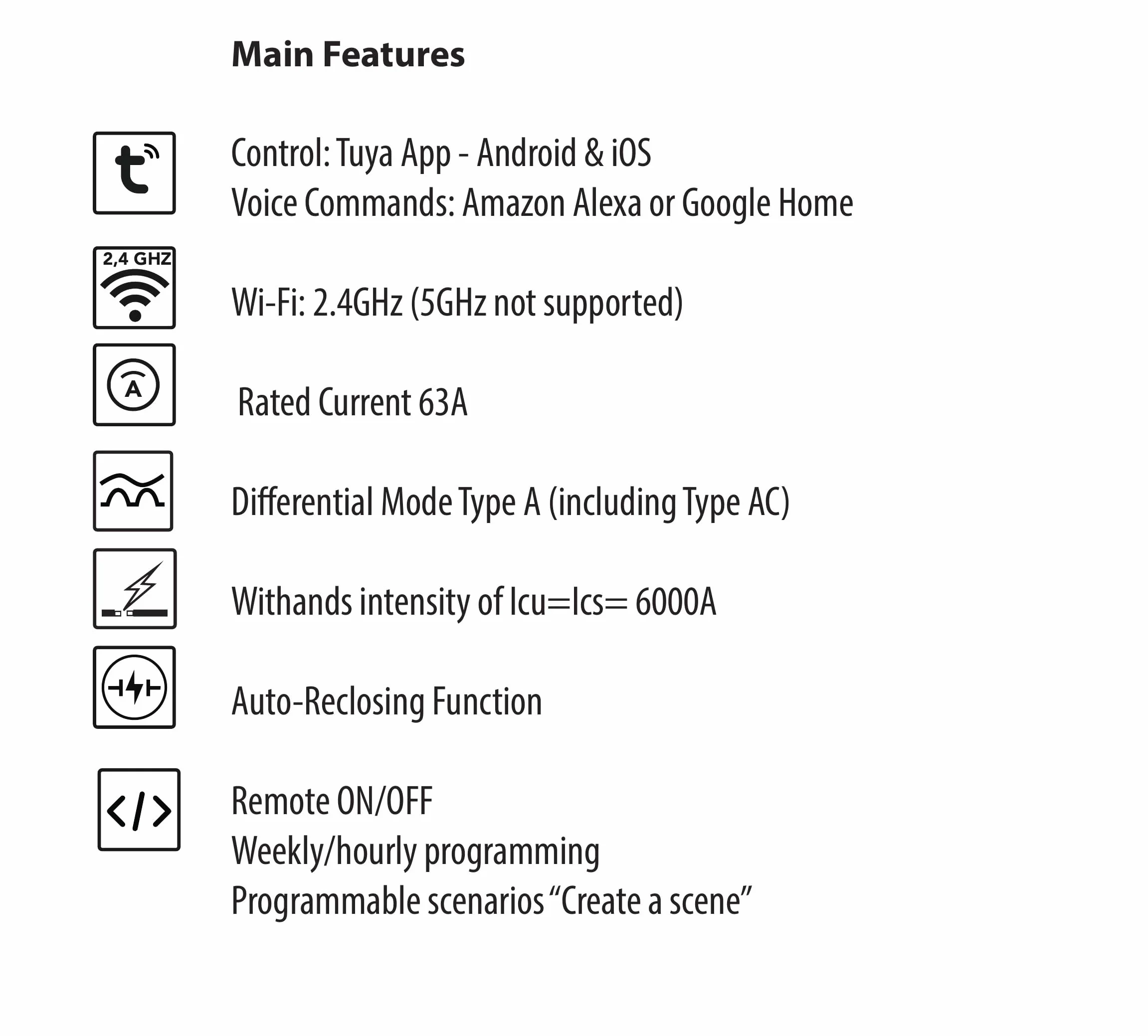 Smart-Home Interrupteur Différentiel Triphasé 4P 30mA Type A & AC 63A 42kW 6kA Connecté Wi-Fi Tuya RCCB EN 61008-1