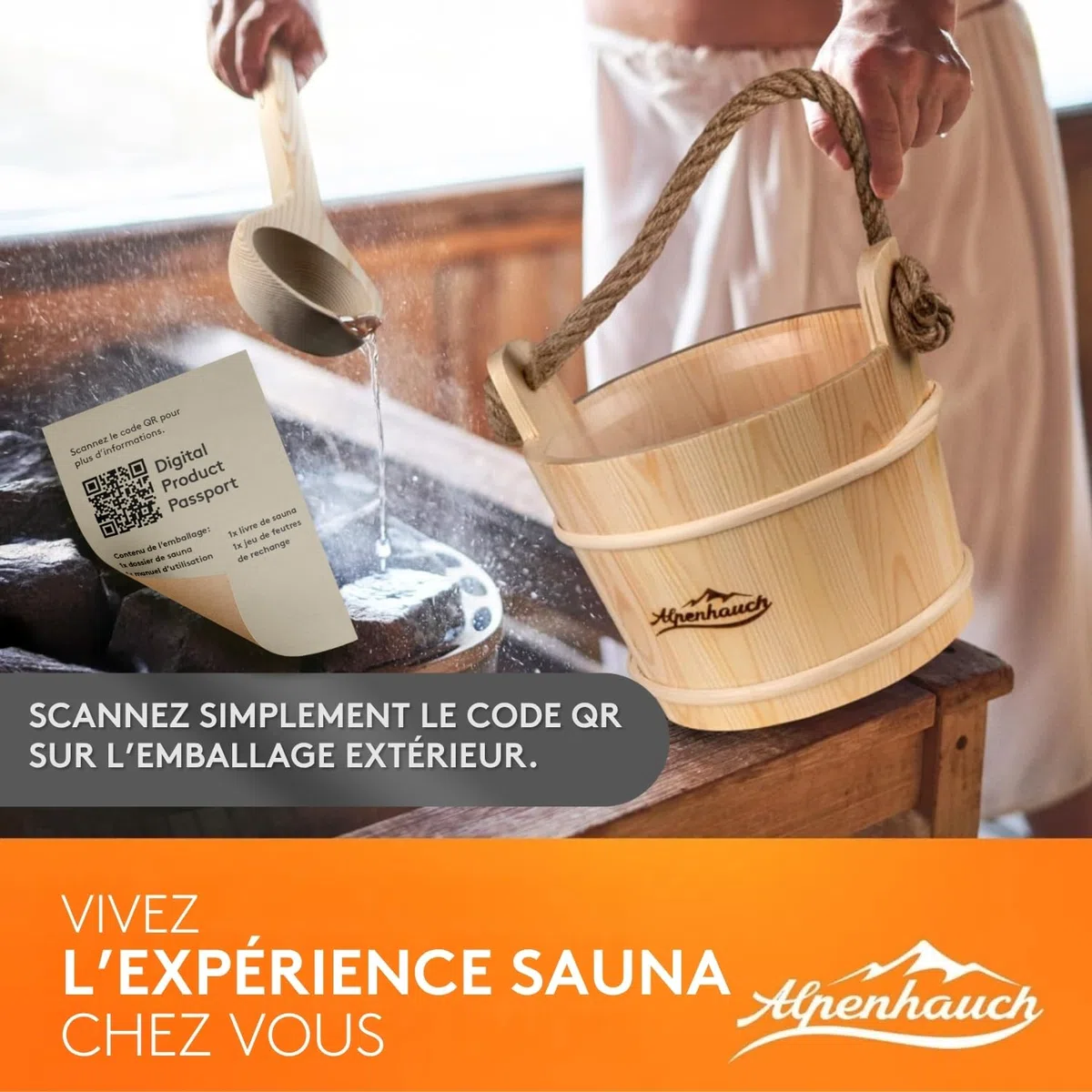 ALPENHAUCH Seau de sauna bois naturel avec cuillère, sablier, thermomètre – Set de seaux à verser