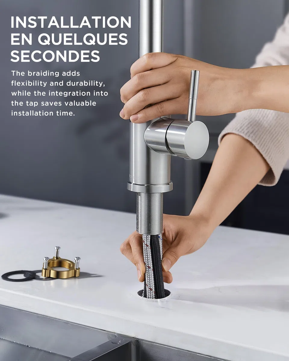 FORIOUS Mitigeur Cuisine Pivotant 360° Arc Élevé Pulvérisateur Escamotable 2 Modes Acier Inoxydable