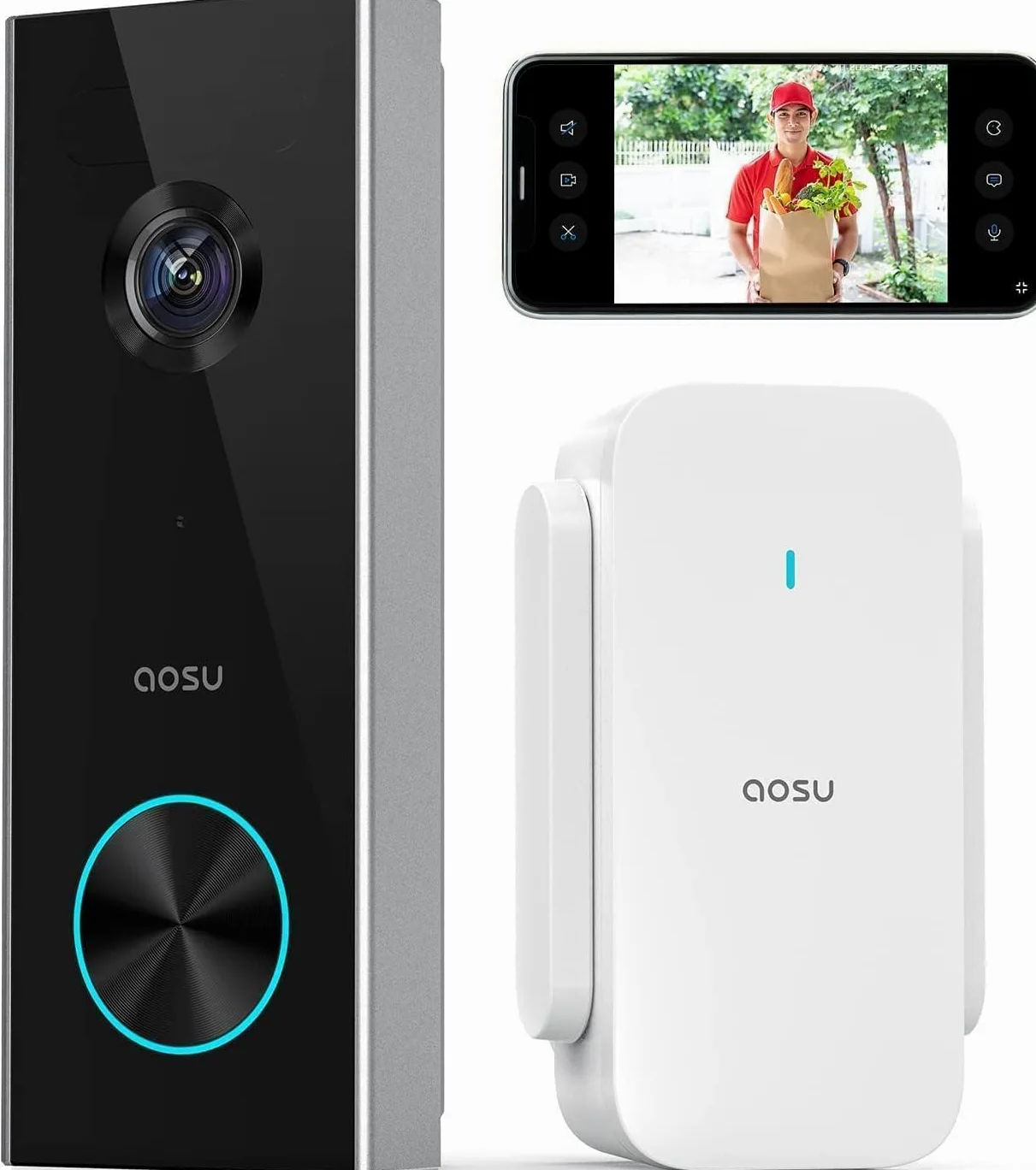 aosu Sonnette sans Fil avec Camera 2K HD 166° WiFi Exterieur Etanche Détection de Personnes Audio Bidirectionnel Alexa Intégré