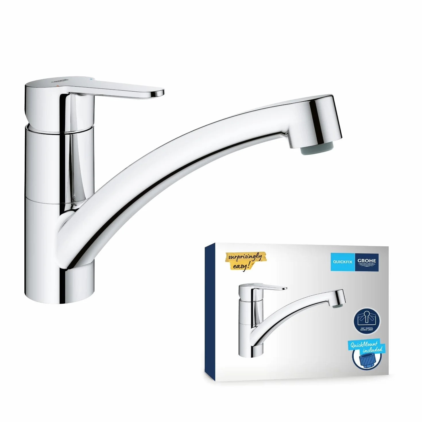 GROHE StartEco Mitigeur Monocommande Évier, Robinet Cuisine, Bec Bas, Rotation 140°, Chromé