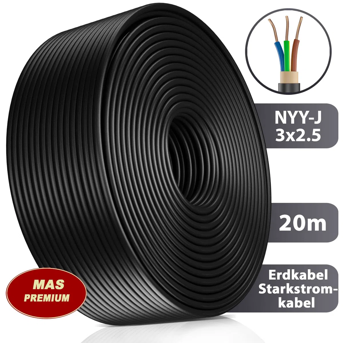 Câble d'alimentation NYY-J 3 x 2,5 mm² 20 m - Câble électrique extérieur et sous-sol
