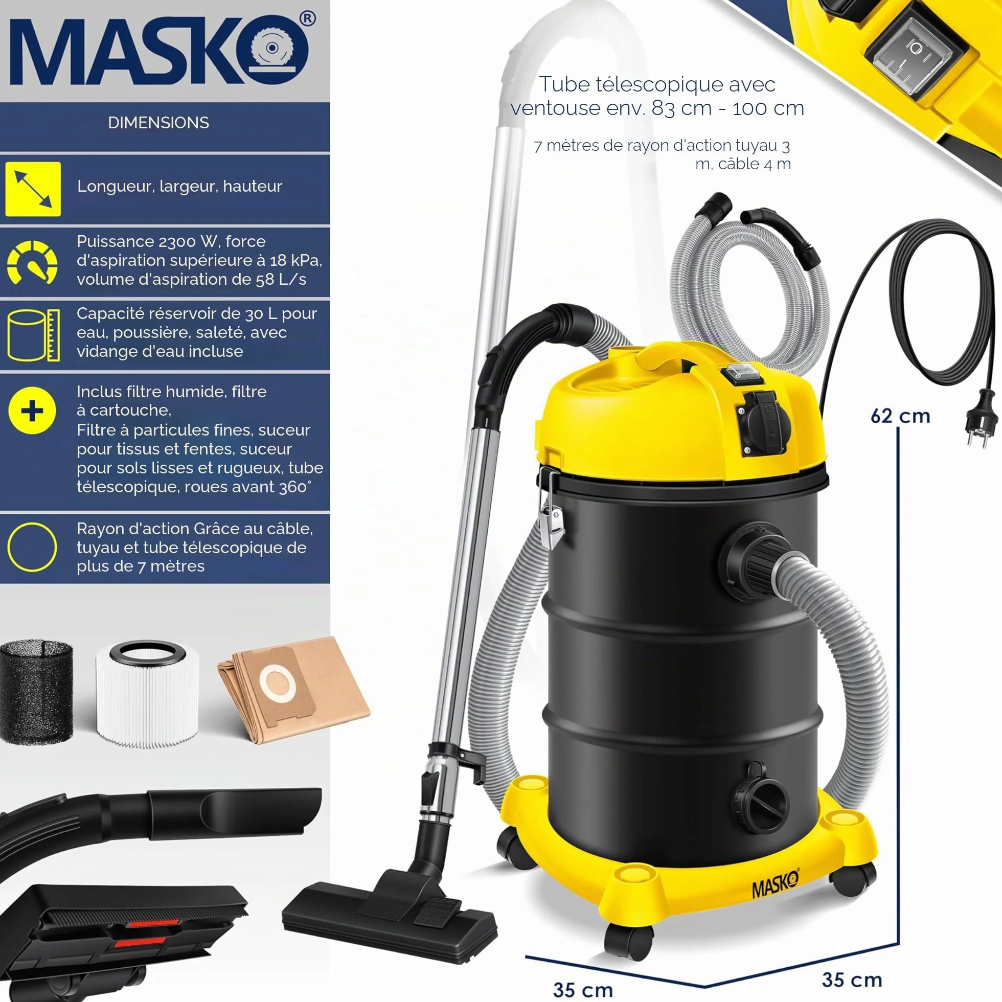Masko Aspirateur Industriel 6IN1 2300 W Eau et Poussière Soufflage Sec Humide