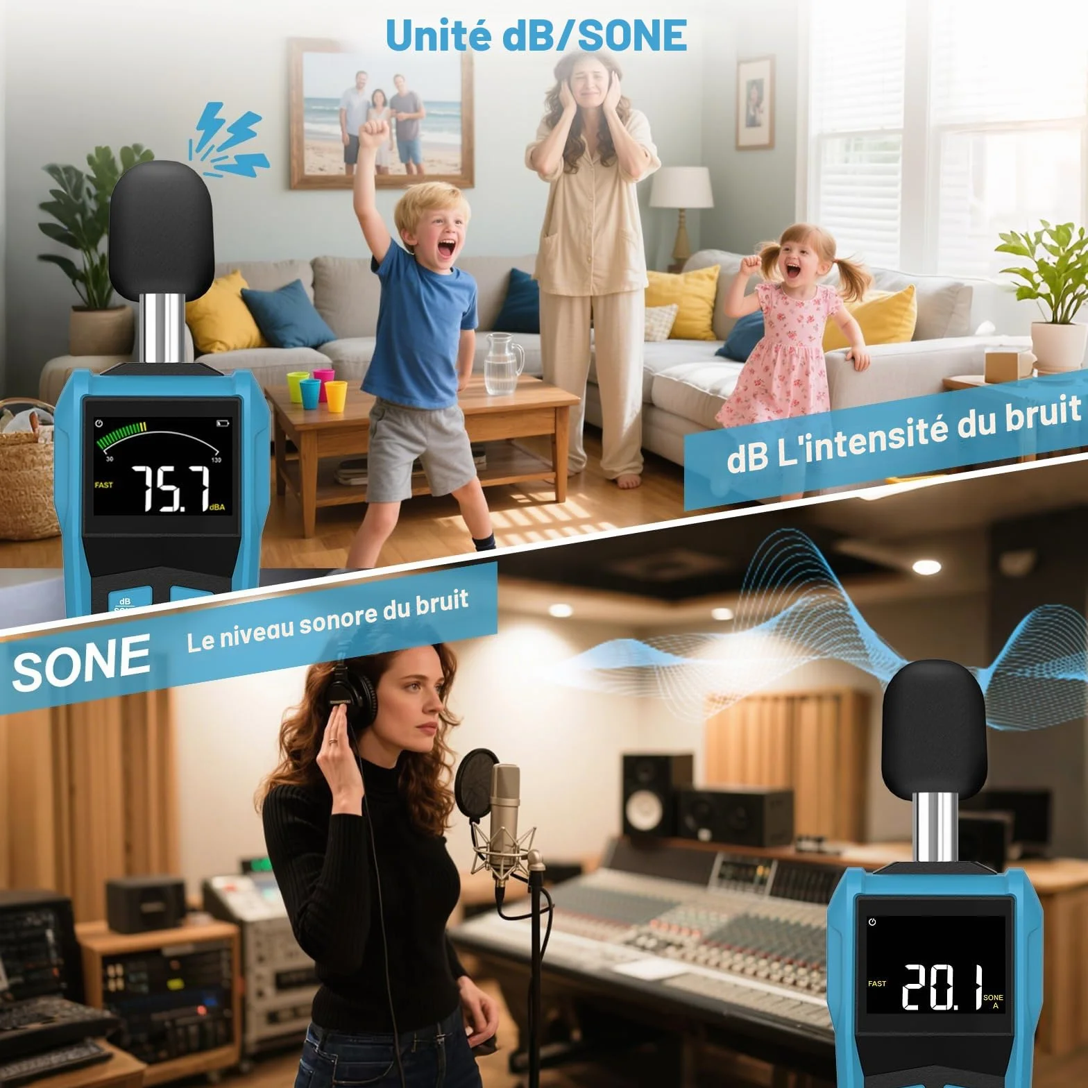 Sonomètre DURFICST Decibelmetre dB SONE Commutation Rapide Écran Couleur LCD Rétroéclairage Pondéré A/C