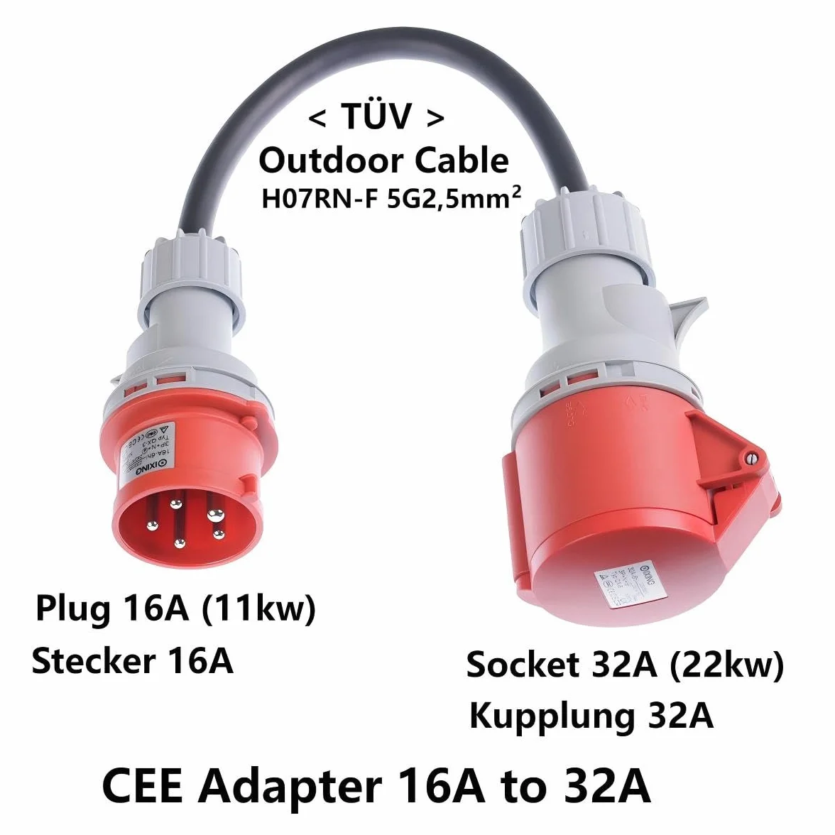 Adaptateur CEE fiche 16A vers prise 32A triphasé 5 broches IP44