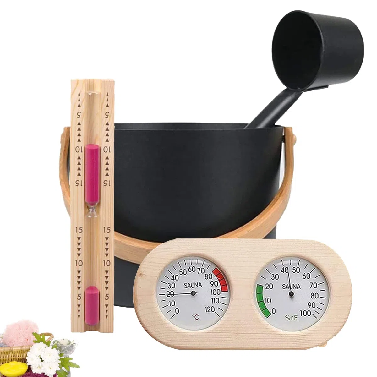 Seau Pour Sauna 7L Set Complet Avec Louche En Bois Pin Finlandais Thermomètre Hygromètre Sablier
