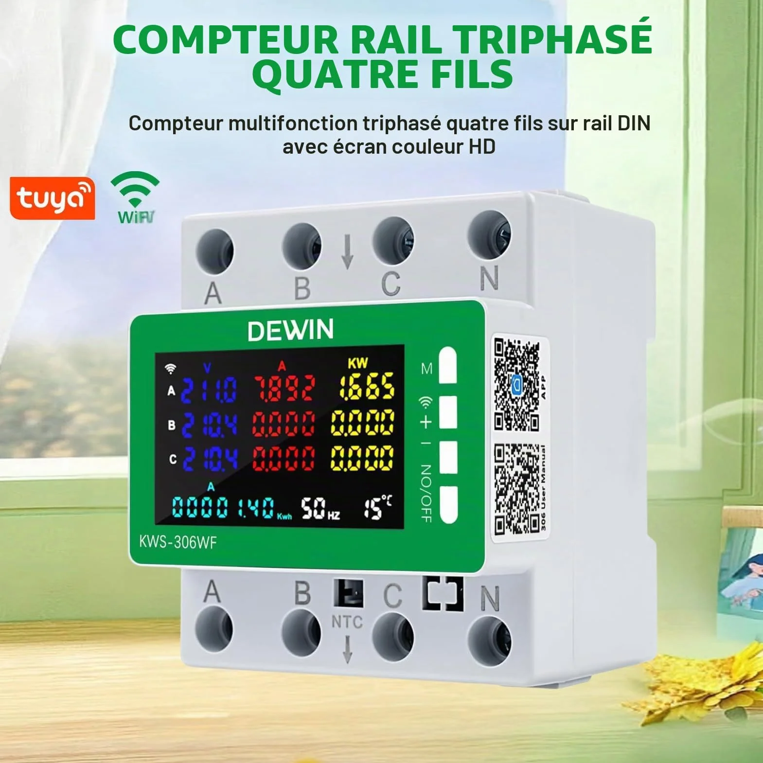 Compteur Électrique Triphasé WiFi Tuya Smart Meter 80A AC 85-290V 9 en 1 Wattmètre KWh Voltmètre Ampèremètre