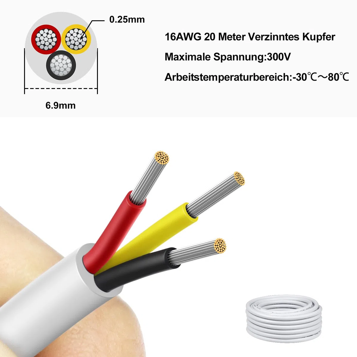 Câble électrique 20 mètres 16 AWG 3x1,5mm² 3 conducteurs fil de cuivre étamé flexible compatible LED 5V 12V 24V