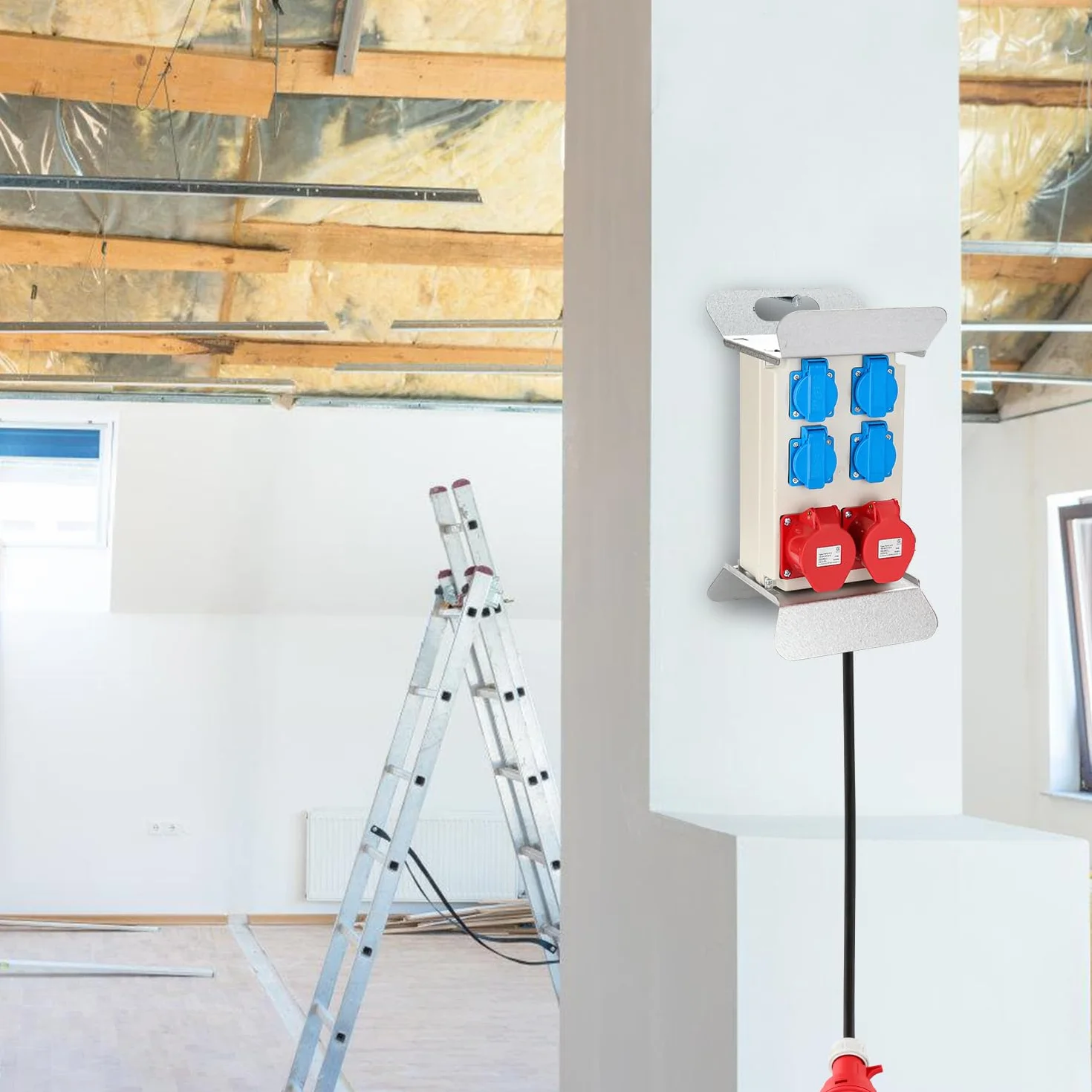 Herrselsam Distributeur de Courant CEE 16A 400V 4x 230V Schuko IP44 5 Pôles 2,5m Câble Chantier