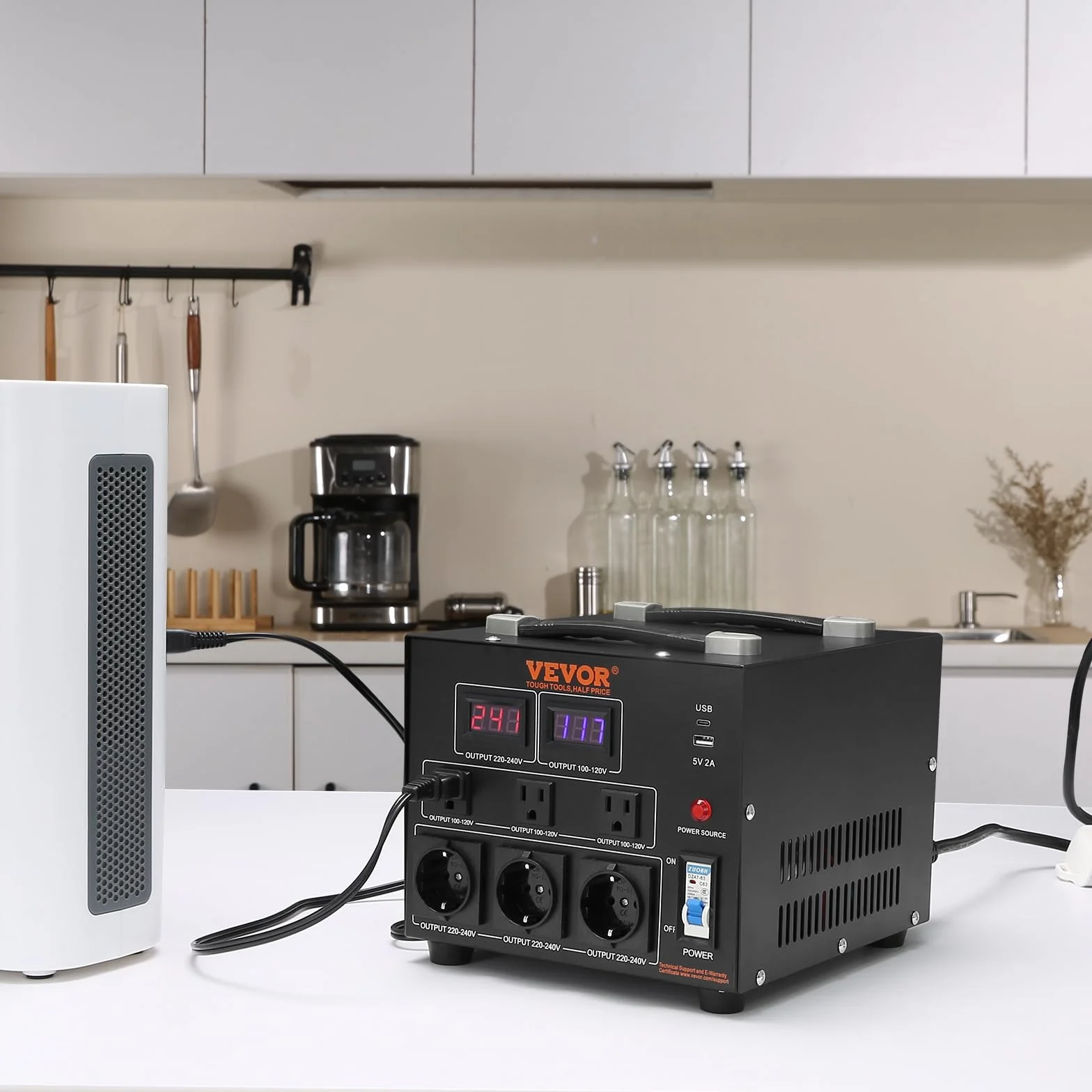 VEVOR Transformateur 220V⇄110V Convertisseur de Tension 5000W avec 3 Prises US et EU