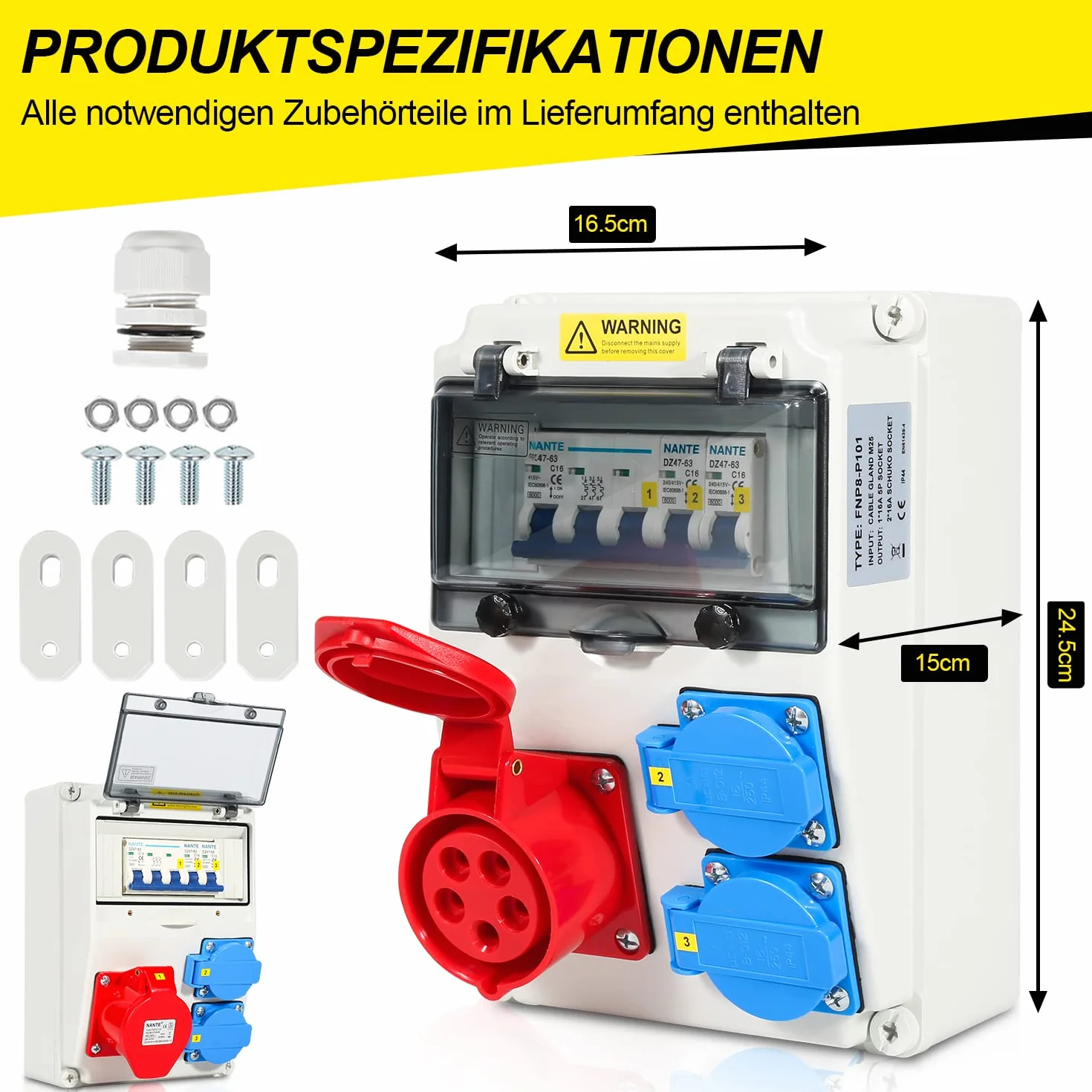 Fiqops Répartiteur d'alimentation 16 A mural avec interrupteur LS, FI, 2 x 16 A 230 V + 1 x CEE 16 A 400 V 5 broches