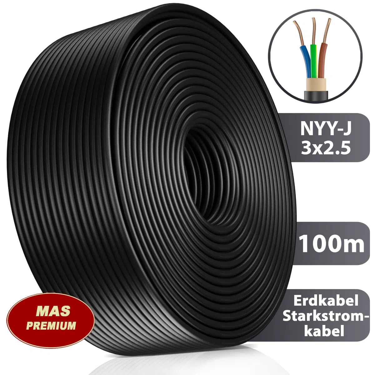 MAS-Premium Câble de terre NYY-J 3 x 2,5 mm² 100 m