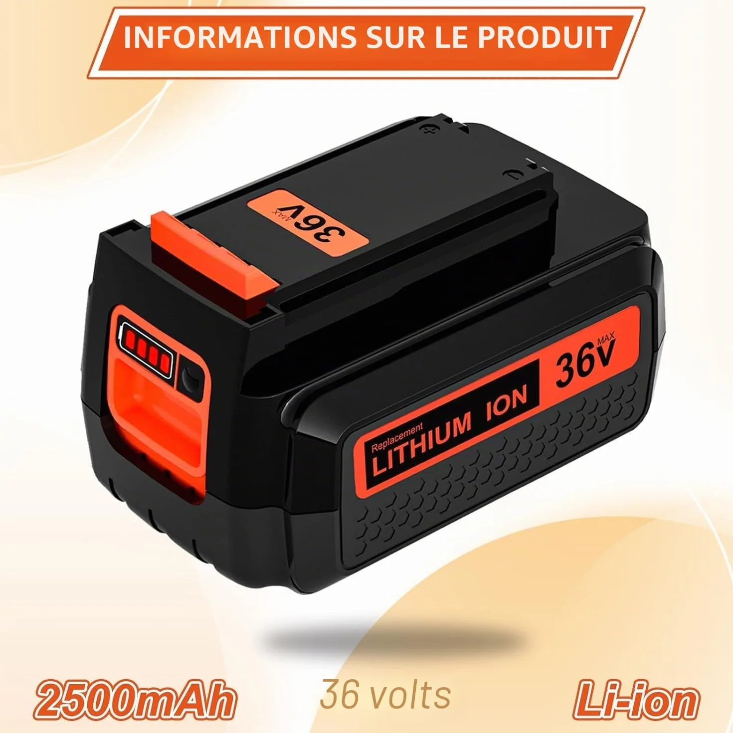Batterie 36V 2500mAh Remplacement pour Black Decker LBX2040 LBX2540 LBX1540 avec écran LED