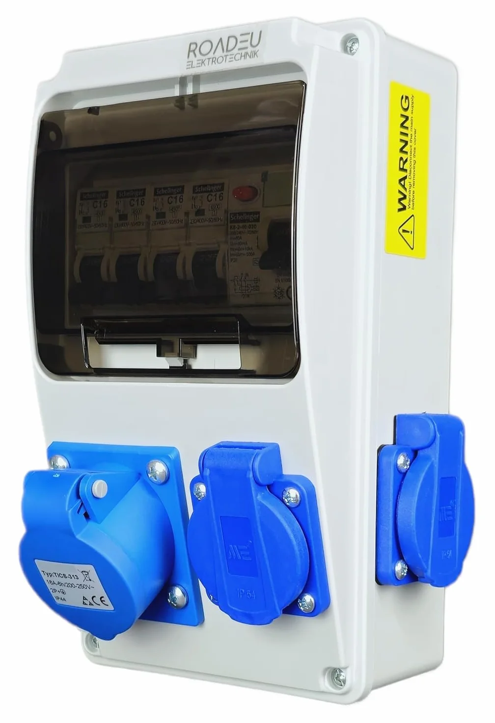 RoadEu Distributeur de courant 230V CEE 16A 3P 3 prises disjoncteur automatique 16A disjoncteur différentiel atelier