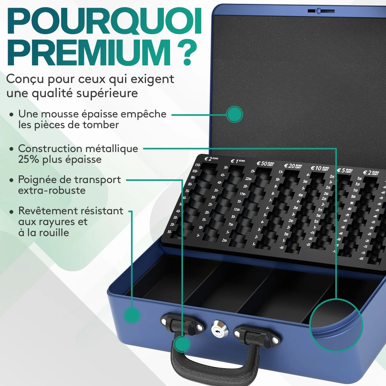 ACROPAQ Caisse monnaie grande professionelle avec monnayeur et 2 clés, Bleu