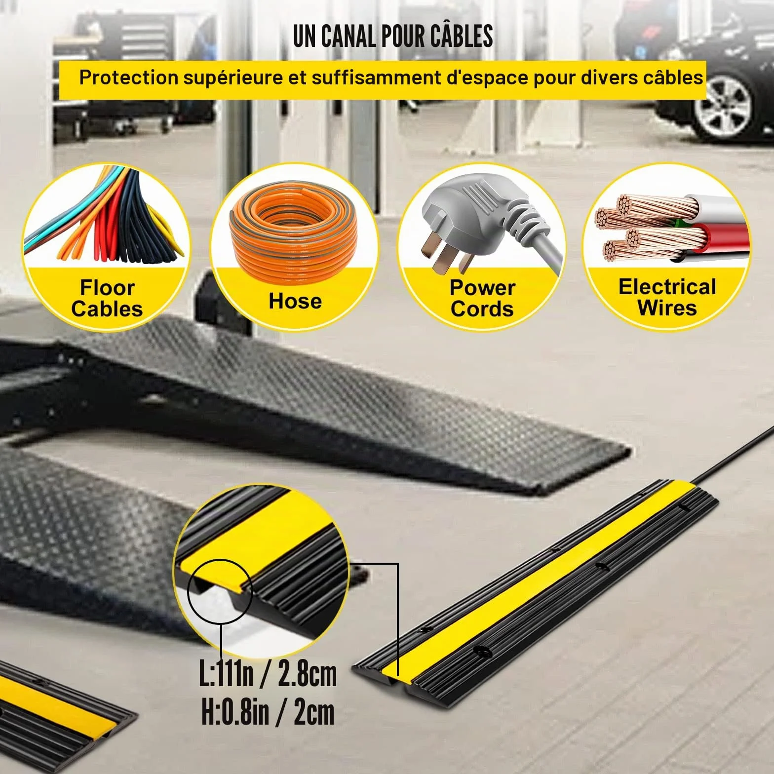 VEVOR Lot de 4 Protections de câbles à 1 Canal, Protection de câble en Caoutchouc thermoplastique, Design modulaire 100 x 15 x 2,5 cm Noir