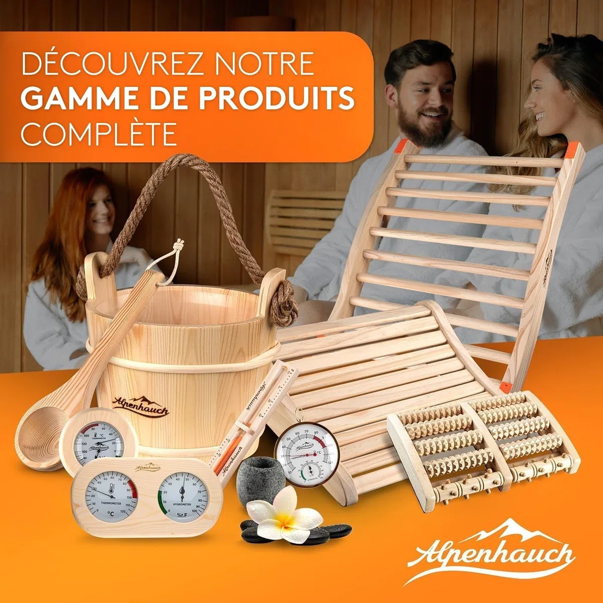 ALPENHAUCH Seau de sauna bois naturel avec cuillère, sablier, thermomètre – Set de seaux à verser
