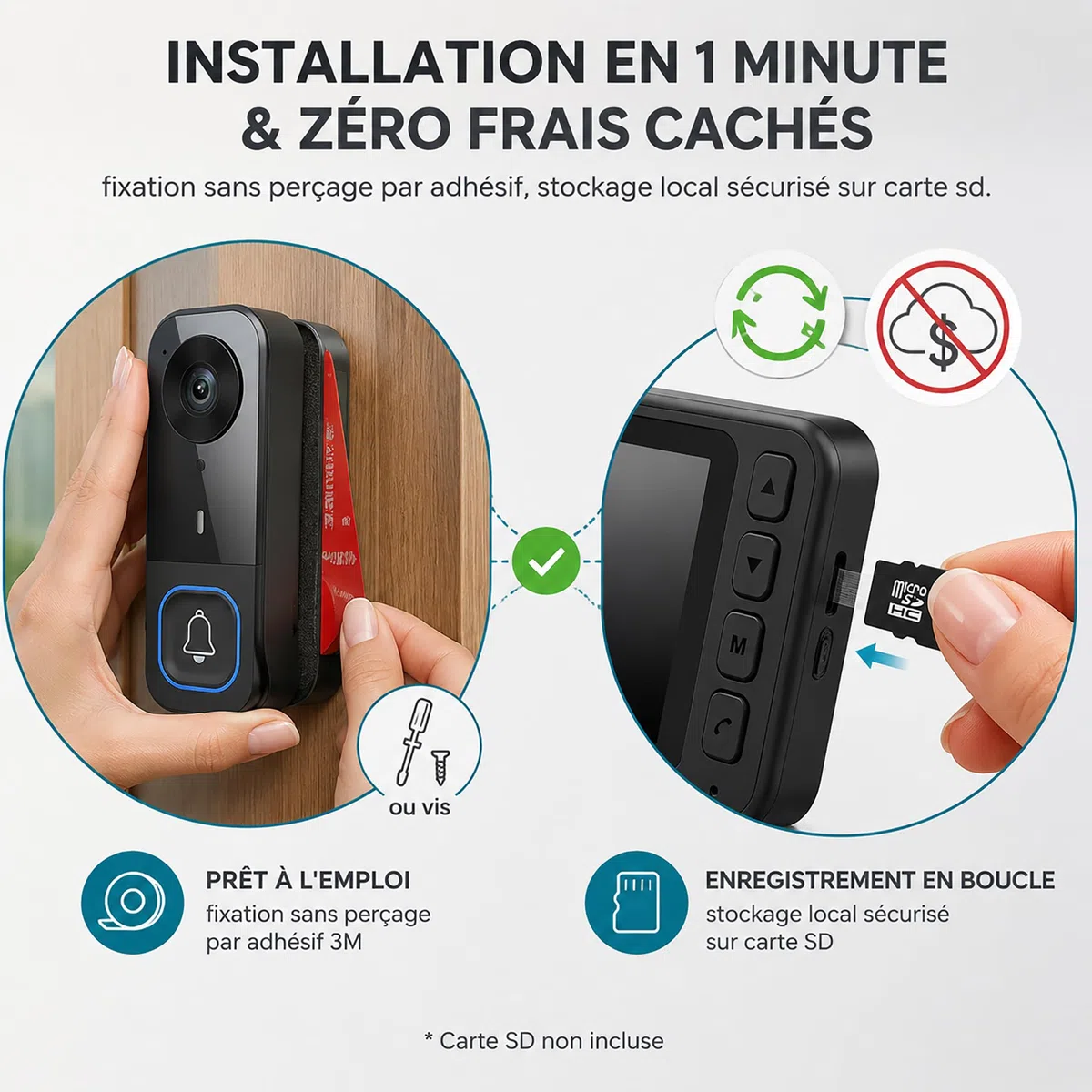 Sonnette sans Fil avec Caméra Extérieure IP65, Visiophone sans Fil Portée 40m, Interphone Vidéo sans Fil 1000mAh, Écran IPS 4.5 Pouces, Vision Nocturne Infrarouge