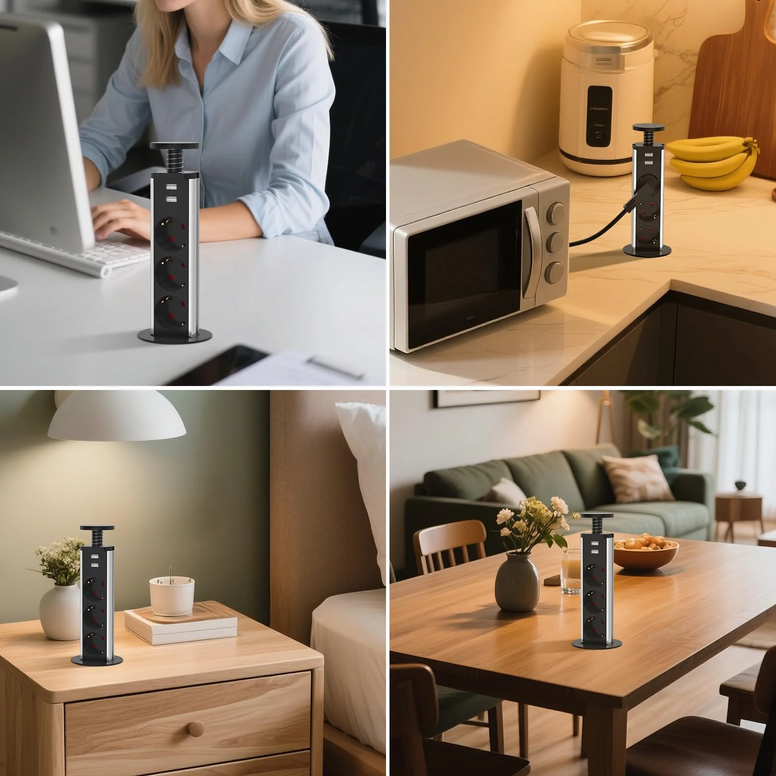 Multiprise Encastrable Bloc 3 Prises EU 2 USB Diamètre 60mm Câble 1,8m Prise Escamotable Noir