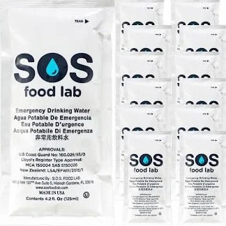 SOS Food Lab Lot de 12 sachets d'eau d'urgence – Durée de conservation 5 ans, approuvé marine américaine