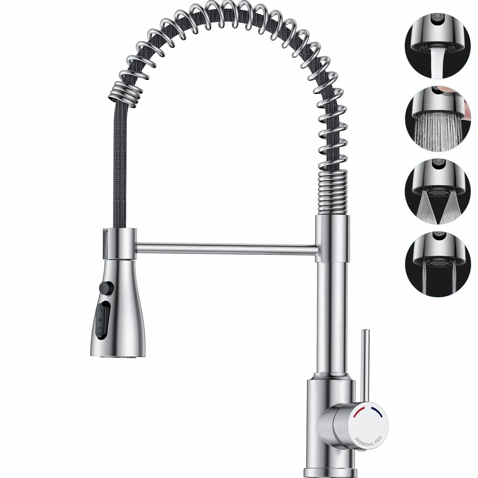 Robinet Cuisine Acier Inoxydable, Mitigeur avec Douchette, Bec Pivotant 360°, 4 Modes, Arc Élevé