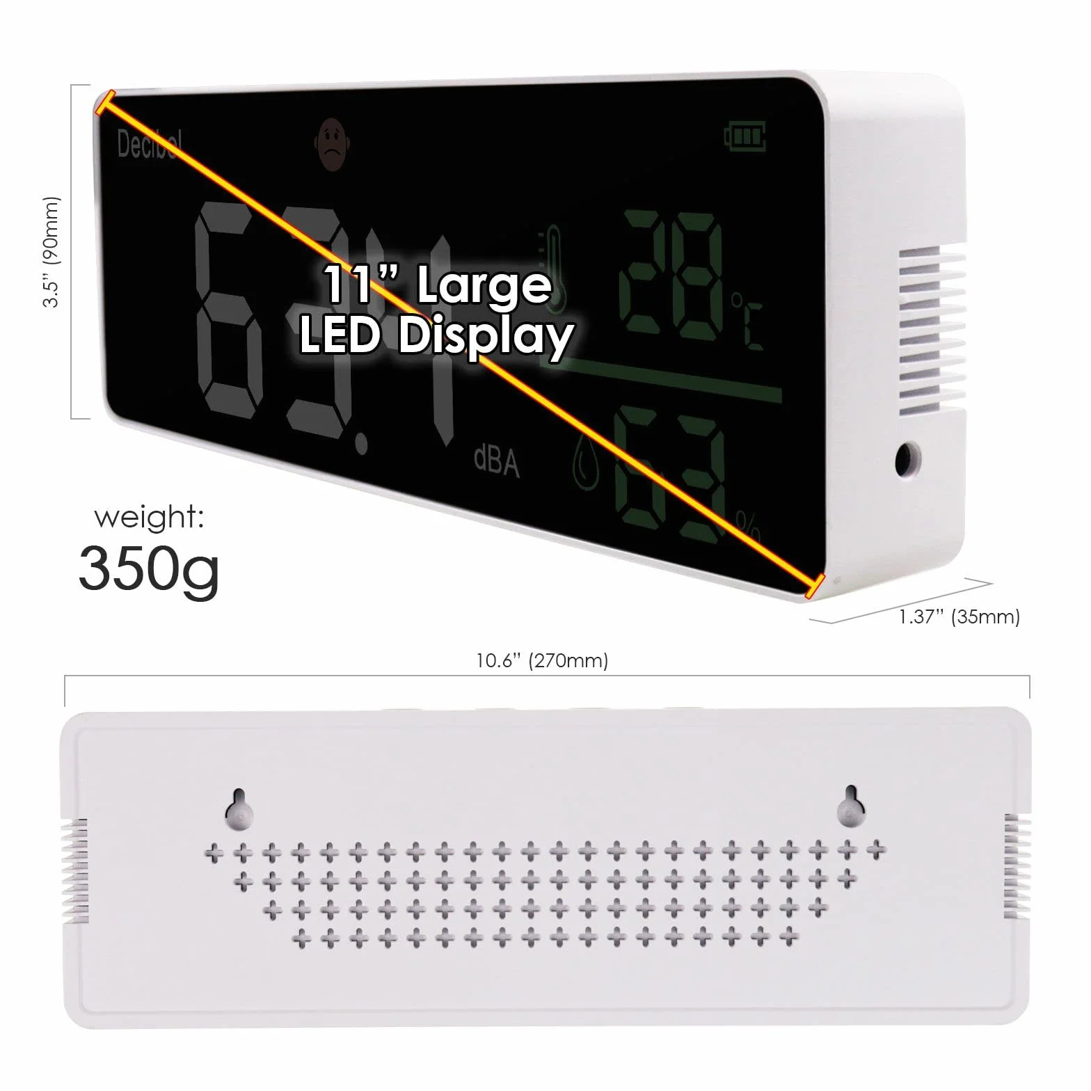 Sonomètre mural 27,9 cm écran LED bruit température humidité indicateur alarme