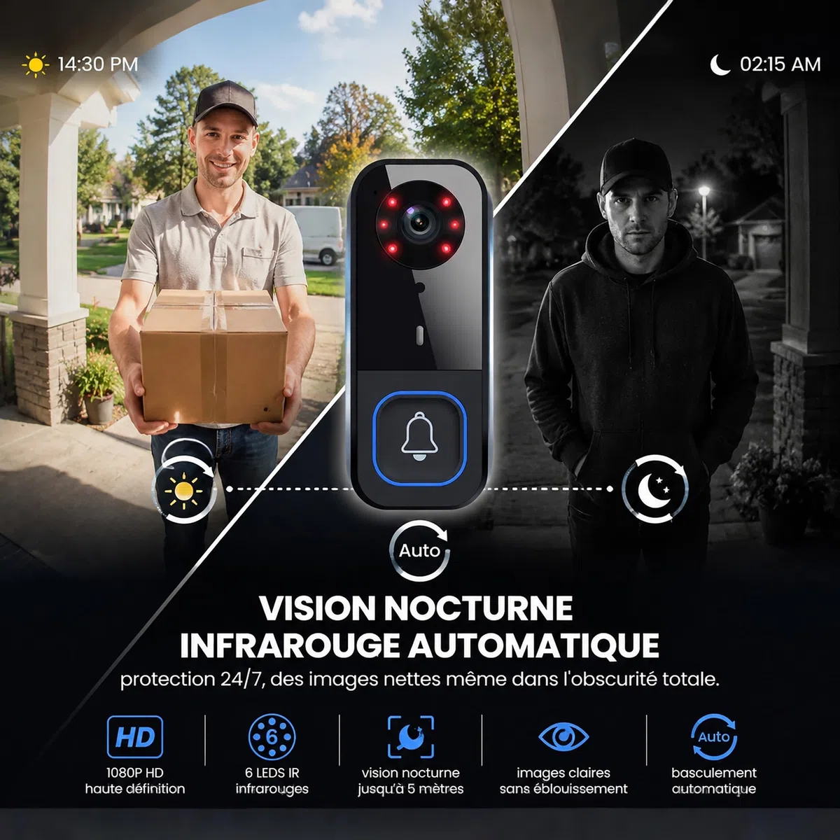 Sonnette sans Fil avec Caméra Extérieure IP65, Visiophone sans Fil Portée 40m, Interphone Vidéo sans Fil 1000mAh, Écran IPS 4.5 Pouces, Vision Nocturne Infrarouge