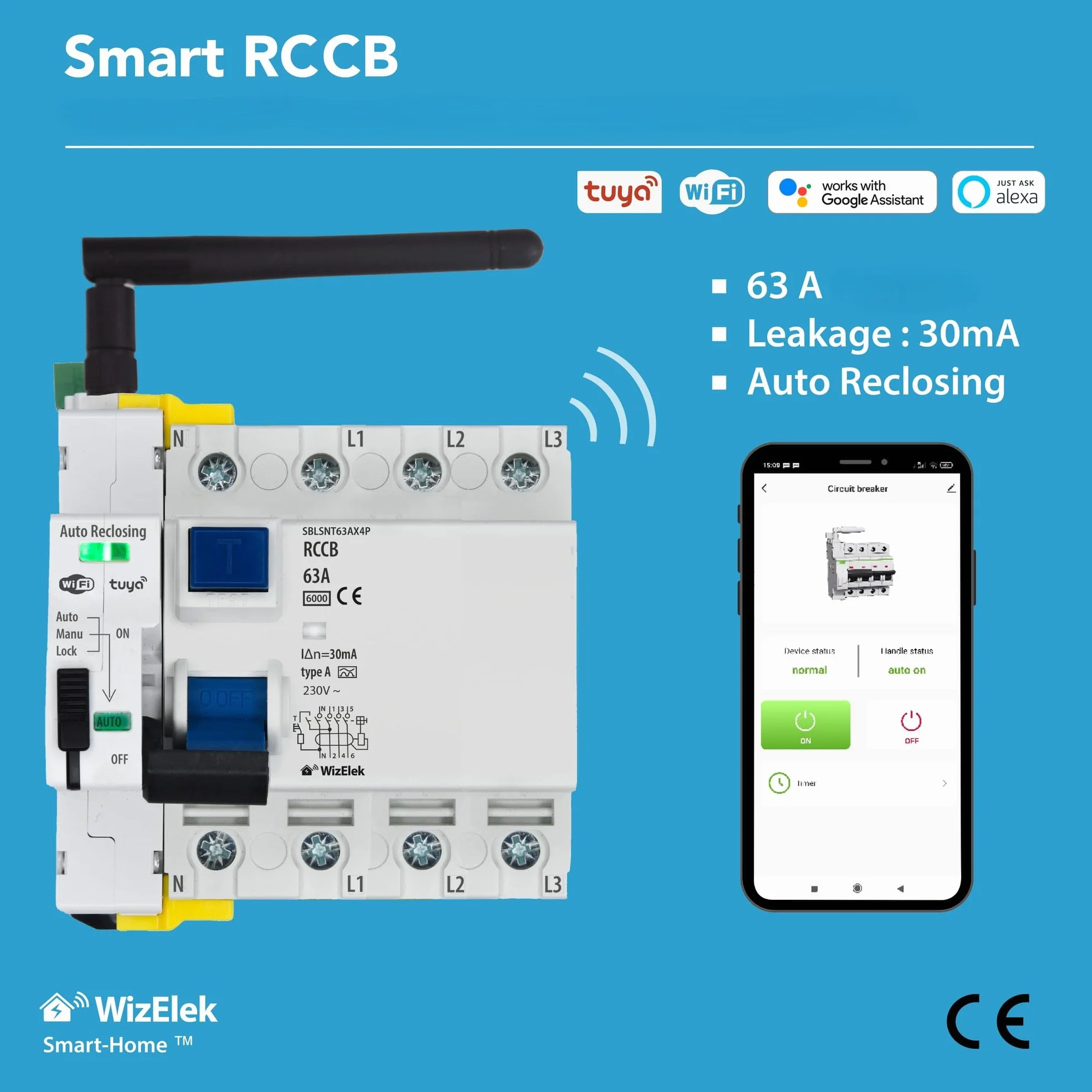 Smart-Home Interrupteur Différentiel Triphasé 4P 30mA Type A & AC 63A 42kW 6kA Connecté Wi-Fi Tuya RCCB EN 61008-1